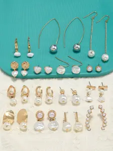 AMI Set of 15 Gold Tone Contemporary Classy Pearl Stud & Drop Earrings