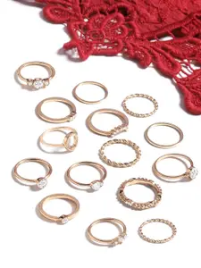AMI Set of 15 Gold-Plated White Stone Studded Stackable Finger Ring