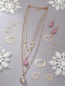 AMI Gold Plated Pink Colored Necklace Earrings & Ring  Jewellery Set