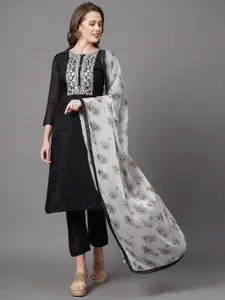 Saree mall Black & Silver-Toned Embroidered Unstitched Dress Material