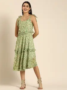 DODO & MOA Green Floral Print A-Line Midi Dress