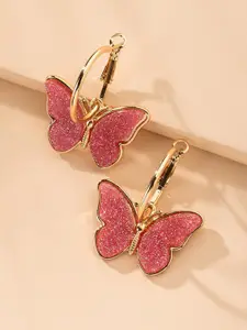 Unwind by Yellow Chimes Pink Contemporary Butterfly Hoop & Drop Earrings