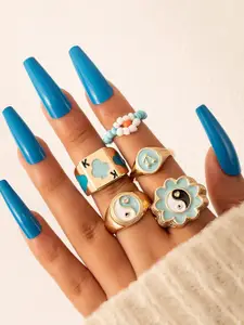Unwind by Yellow Chimes Set Of 5 Gold-Plated Blue Enameled Design Finger Ring