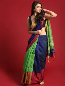 Saranee Blue & Red Colourblocked Half and Half Jamdani Saree