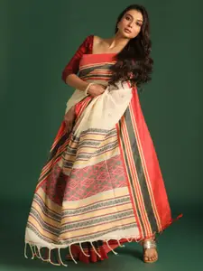 Indethnic White & Red Woven Design Pure Cotton Jamdani Saree