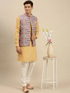 Sanwara Men Beige Printed Kurta with Pyjamas & Nehru Jacket