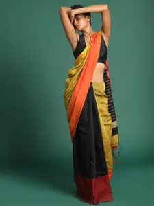 Saranee Orange & Black Colourblocked Half and Half Jamdani Saree