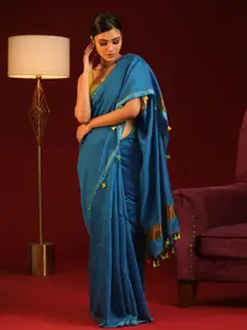 Saranee Turquoise Blue & Gold-Toned Zari Jamdani Saree