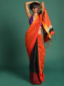 Saranee Orange & Black Colourblocked Zari Half and Half Jamdani Saree