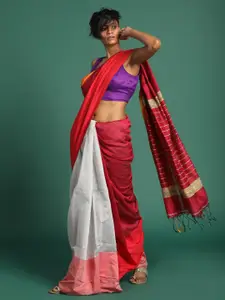 Saranee Red & White Colourblocked Half and Half Jamdani Saree
