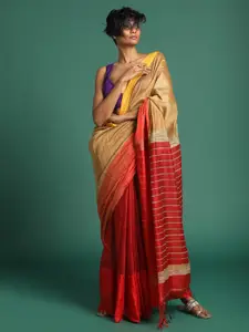 Saranee Red & Gold-Toned Colourblocked Half and Half Jamdani Saree