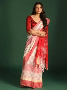 Saranee Red & White Checked Pure Cotton Jamdani Saree