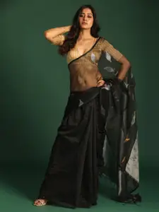 Indethnic Black & Silver-Toned Ethnic Motifs Half and Half Jamdani Saree