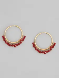 I Jewels Gold-Toned & Maroon Beaded Circular Hoop Earrings