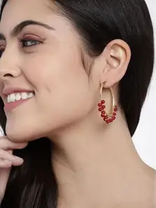 I Jewels Gold-Toned & Maroon Beaded Circular Hoop Earrings