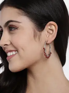 I Jewels Silver-Toned & Maroon Beaded Circular Hoop Earrings