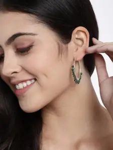 I Jewels Silver-Toned & Green Beaded Circular Hoop Earrings
