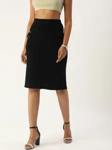 Sheczzar Women Black Ribbed Straight Skirt