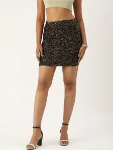 Sheczzar Women Black & Pink Sequinned Straight Mini Skirt