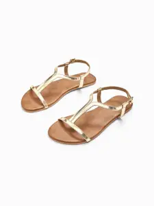 The Label Life Women Gold-Toned T-Strap Flats with Buckles