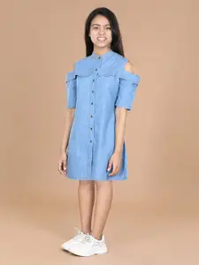 StyleStone Blue & pale blush Denim Shirt Dress