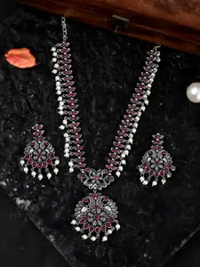 AQUASTREET JEWELS Oxidised Silver Plated Faux Ruby Peacock Motif Necklace Set