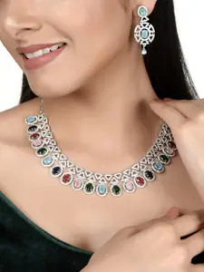AQUASTREET JEWELS Women Silver Plated Multicoloured Stone Studded American Diamond Necklace Set.