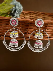 AQUASTREET JEWELS Multicoloured & Silver-Plated AD Oversized Circular Drop Earrings