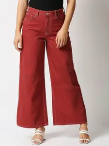 LOVEGEN Women Maroon Hottie Wide Leg High-Rise Jeans