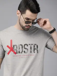 Roadster Men Grey Melange Printed Pure Cotton T-shirt
