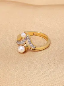 Voylla Gold-Plated White Stone-Studded & Pearl Beaded Adjustable Finger Ring