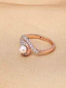 Voylla Rose Gold-Plated White Stone-Studded & Pearl Beaded Adjustable Finger Ring