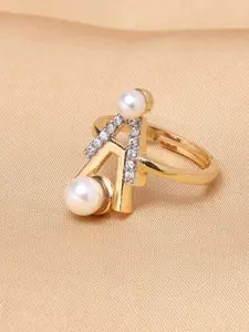 Voylla Gold-Plated White Stone-Studded & Pearl Beaded Adjustable Finger Ring