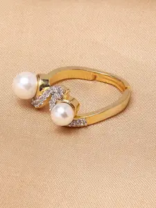 Voylla Gold-Plated White Stone-Studded & Pearl Beaded Adjustable Finger Ring