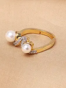 Voylla Gold-Plated White Stone-Studded & Pearl Beaded Adjustable Finger Ring