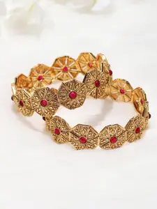 Voylla Set Of 2 Gold-Plated & Red Bangles