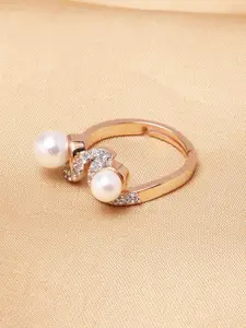 Voylla Rose Gold-Plated White Stone-Studded & Pearl Beaded Adjustable Finger Ring