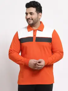 Kalt Men Orange and White Colourblocked  Full Sleeves Cotton Blend Polo Collar T-shirt
