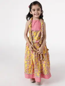A Little Fable Girls Yellow & Pink Printed Foil Print Ready to Wear Lehenga & Blouse With Dupatta