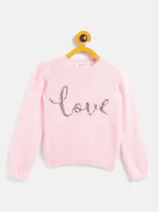JWAAQ Girls Pink Typography Printed Pullover with Fuzzy Detail