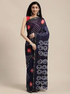 Geroo Jaipur Navy Blue & White Bandhani Art Silk Bandhani Saree