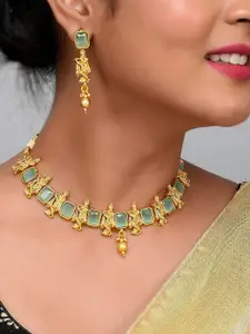 AQUASTREET JEWELS Gold-Plated & Green Krishna Design Necklace set