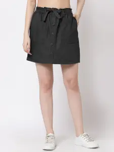 KLOTTHE Women Black Solid Pure Cotton Straight Above Knee-Length Denim Skirt