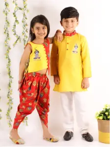 KID1 Girls Yellow Floral Embroidered Pure Cotton Top with Dhoti Pants