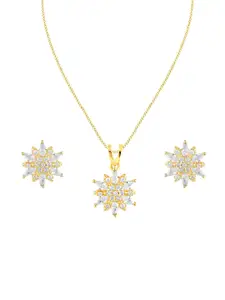 ZILVER Sterling Silver Gold-Plated White CZ Studded  Pendant Earring Set