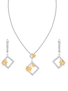ZILVER 925 Sterling Silver Silver-Plated White & Yellow CZ Studded Handcrafted Pendant With Earrings