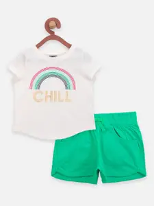 LilPicks Girls White & Green Printed T-shirt with Shorts