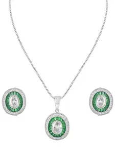 ZILVER 925 Sterling Silver Silver-Plated White & Green CZ Studded Handcrafted Pendant With Earring