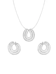 ZILVER 925 Sterling Silver Silver-Plated White CZ Studded Handcrafted Pendant With Earrings