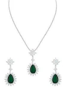 ZILVER Silver-Plated White & Green CZ Studded  Pendant Earring Set